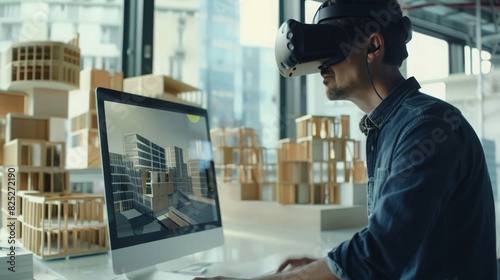 Utilizing VR technology, a Caucasian architect refines complex building designs. The civil engineer's virtual reality work photo