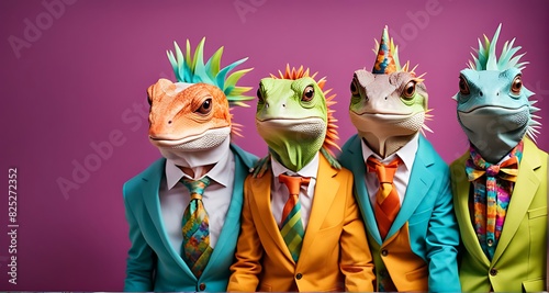 Creative animal concept, Group of lizards in funky, wacky, wild mismatched colorful outfits isolated on bright background, perfect for advertisement, copy space, birthday party invites, and banners photo