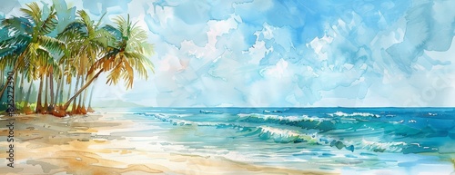Palm trees on a sandy beach with blue ocean and sky.