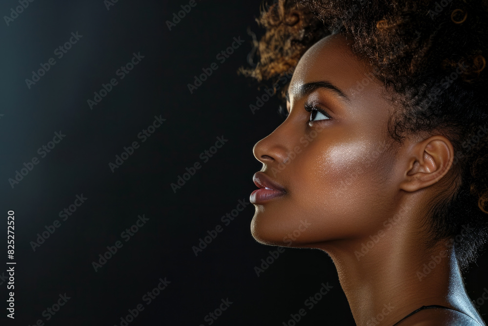 a close-up side view of a pretty young African American woman posing against a black background, showcasing her graceful features. a close-up side view of a pretty young African American woman posing against a black background, showcasing her graceful features.
