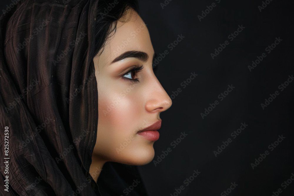 a close-up side view of a pretty young Arabian woman posing against a black background, accentuating her striking profile. a close-up side view of a pretty young Arabian woman posing against a black background, accentuating her striking profile.