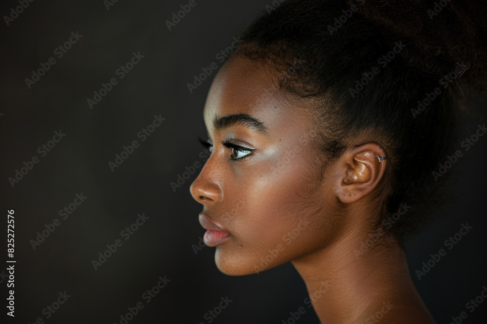 a close-up side view of a pretty young Black woman posing against a black background, capturing her elegant profile. a close-up side view of a pretty young Black woman posing against a black background, capturing her elegant profile.