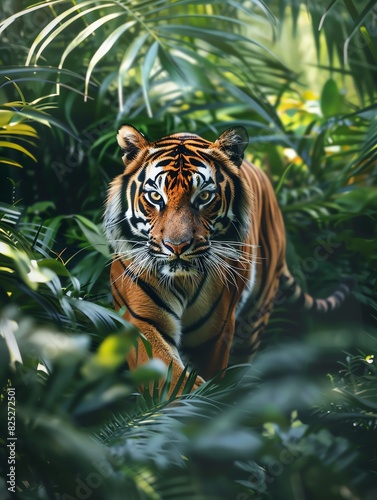 A tiger emerges from the dense jungle  its eyes glowing in the dim light. The powerful predator is on the hunt  and its prey should be wary.