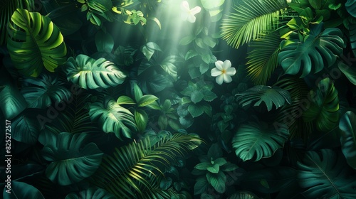 Background Tropical. The vibrant chorus of the rainforest fills the air, a symphony of chirps, trills, and calls that speaks of the teeming life hidden within its depths. photo