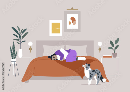 Depression and sadness, A sad person in purple pajamas is curled up on an orange bed, with a worried collie standing nearby, the contemporary room features framed art, plants, and stylish decor photo