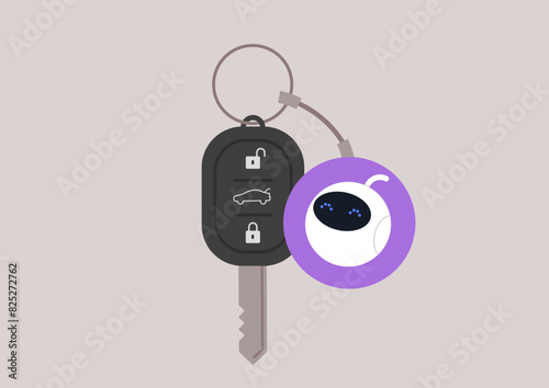 A set of Driverless car keys accompanied by a circular keychain featuring an adorable robot driver icon