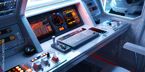Astronaut's Capsule: A compact desk with space-age controls and equipment, evoking an astronaut's workspace aboard a spacecraft