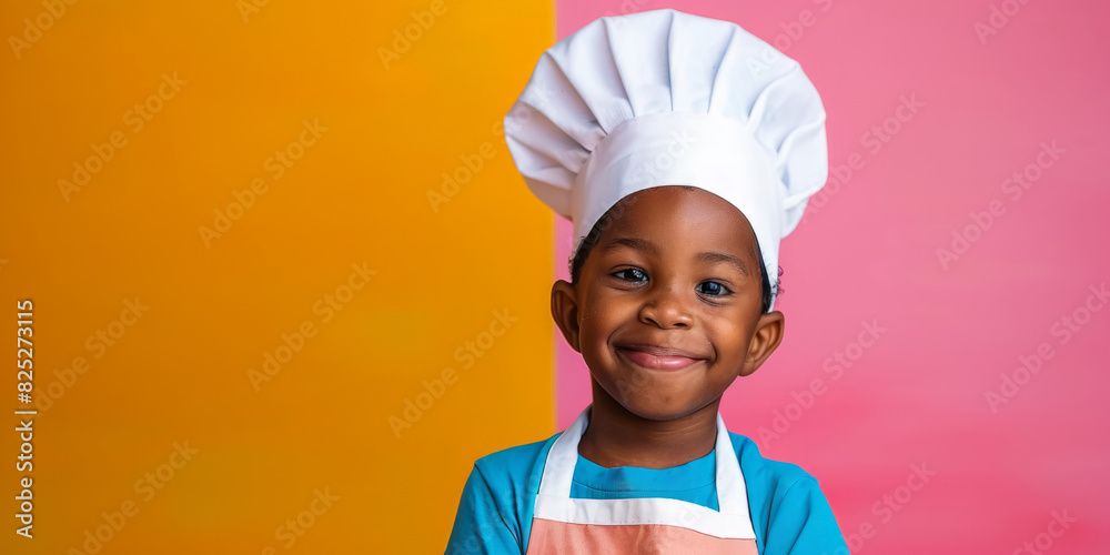 a cute young African American chef boy on a vibrant studio background. Cheerful little cook with colorful backdrop a cute young African American chef boy on a vibrant studio background. Cheerful little cook with colorful backdrop