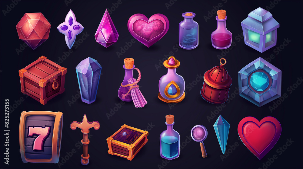 Asset of mobile game, slot game asset isolation on dark background, Illustration. Asset of mobile game, slot game asset isolation on dark background, Illustration.