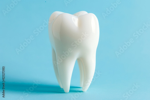 a dental model with a pristine white tooth  set on a blue background. Emphasis on dental anatomy and care