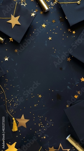 A festive flat lay of graduation caps and diplomas set against a rich green background, sprinkled with gold stars, symbolizing achievement and commencement festivities with copy space for text.