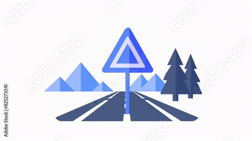 Abstract mountain symbol on blue road sign illustration for safety and direction