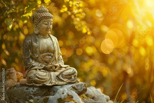 Mystical Buddha Statue Amidst Glowing Orange Flowers in Forest