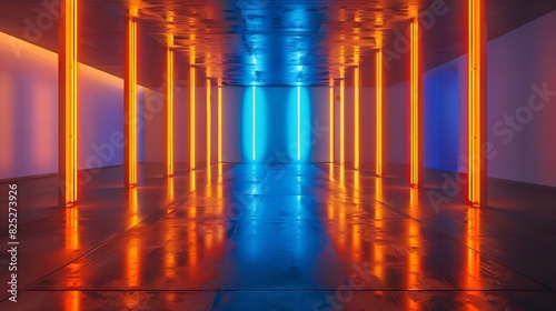 Modern undefined empty abstract interior illuminated by vertical stick blue and orange neon lights on neutral reflective floor and ceiling with background photo