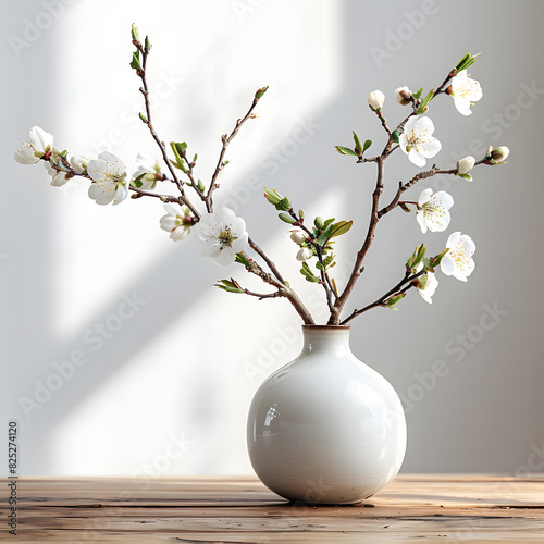 Vase with blooming branches on coffee table in living room isolated on white background, text area, png 