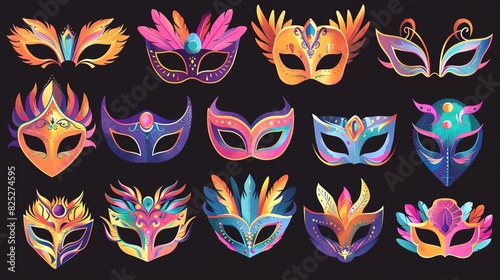 Collection of bright masquerade masks on a black background photo