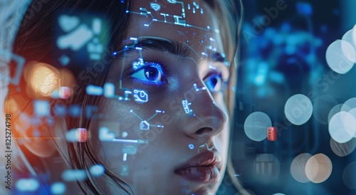 Portrait of a Woman with Futuristic Digital Network Overlay