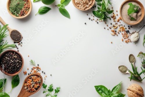  A variety of colorful spices and herbs arranged on a white background.