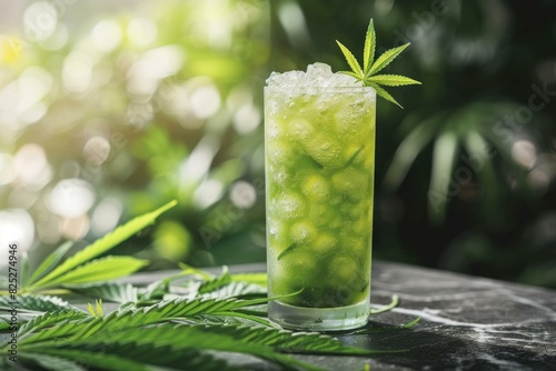 Cold cannabis beverage with ice sits on a table, surrounded by green foliage photo