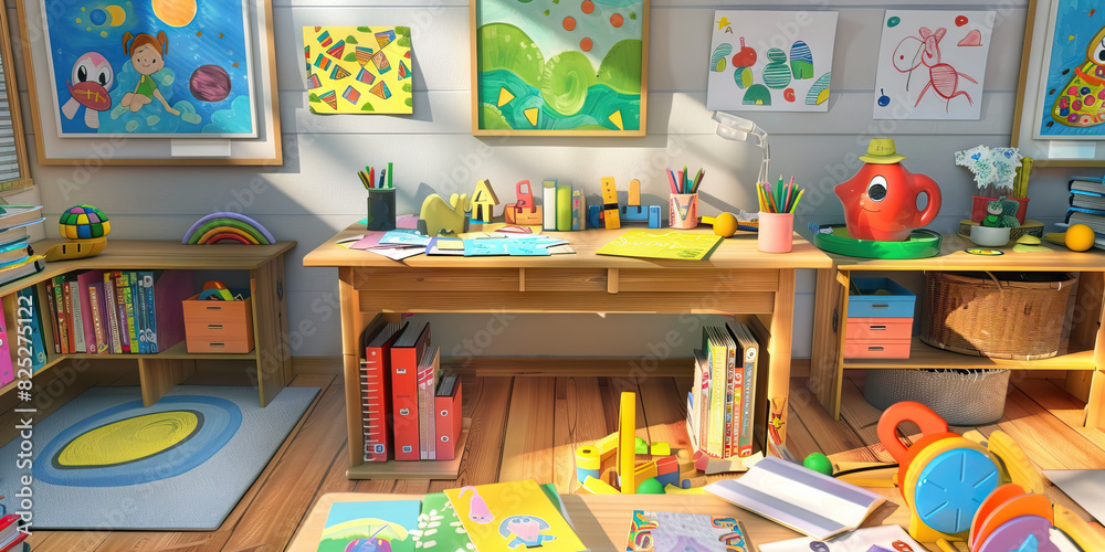 Teacher's Classroom: A modest desk surrounded by student artwork, books, and educational toys, symbolizing a teacher at their workstation in a primary school. Teacher's Classroom: A modest desk surrounded by student artwork, books, and educational toys, symbolizing a teacher at their workstation in a primary school.