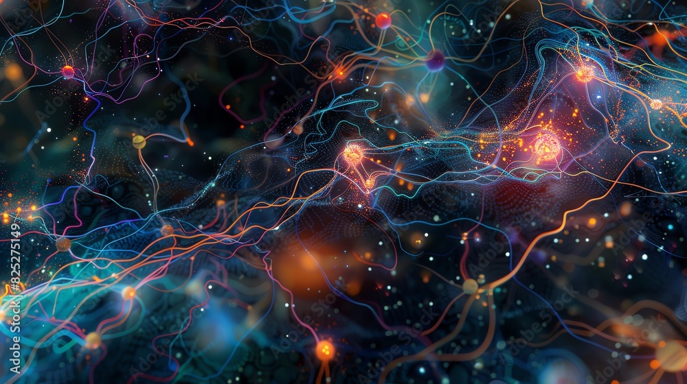 © UnderTheSun - Abstract colorful futuristic network of interconnected lines and glowing nodes representing communication and data exchange. © UnderTheSun - Abstract colorful futuristic network of interconnected lines and glowing nodes representing communication and data exchange.