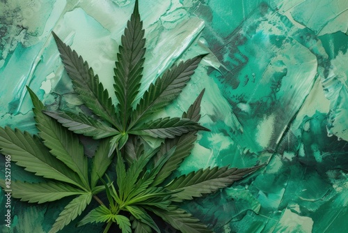 Artistic top view of marijuana leaves laid on a vibrant green and turquoise textured backdrop