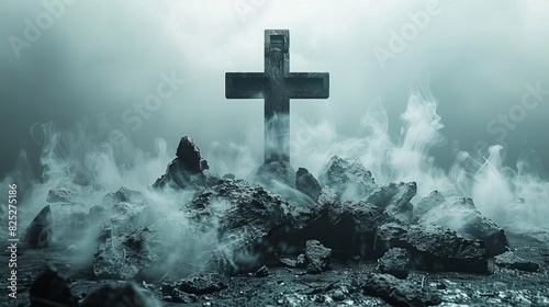 3D rendering of a cross on a white background with broken rocks and smoke in a minimal concept with studio lighting