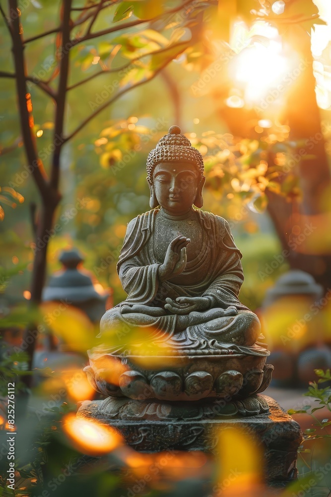 Golden Buddha Statue Amidst Autumn Leaves in Sunlit Forest Golden Buddha Statue Amidst Autumn Leaves in Sunlit Forest