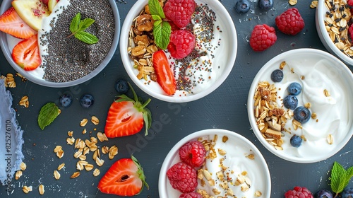 Dietary yogurt: Image of dietary yogurt that includes fresh fruit and seeds, such as multigrain yogurt bowls for added protein. You can add whipped cream or chia seeds before serving. photo