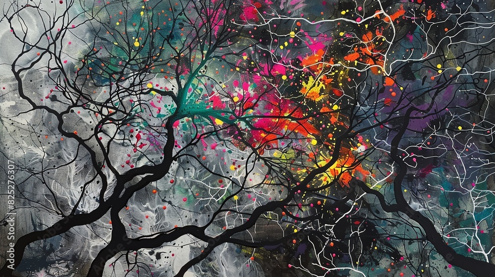 Vibrant abstract painting with colorful splashes on dark background, showcasing artistic branches and vivid hues. Vibrant abstract painting with colorful splashes on dark background, showcasing artistic branches and vivid hues.
