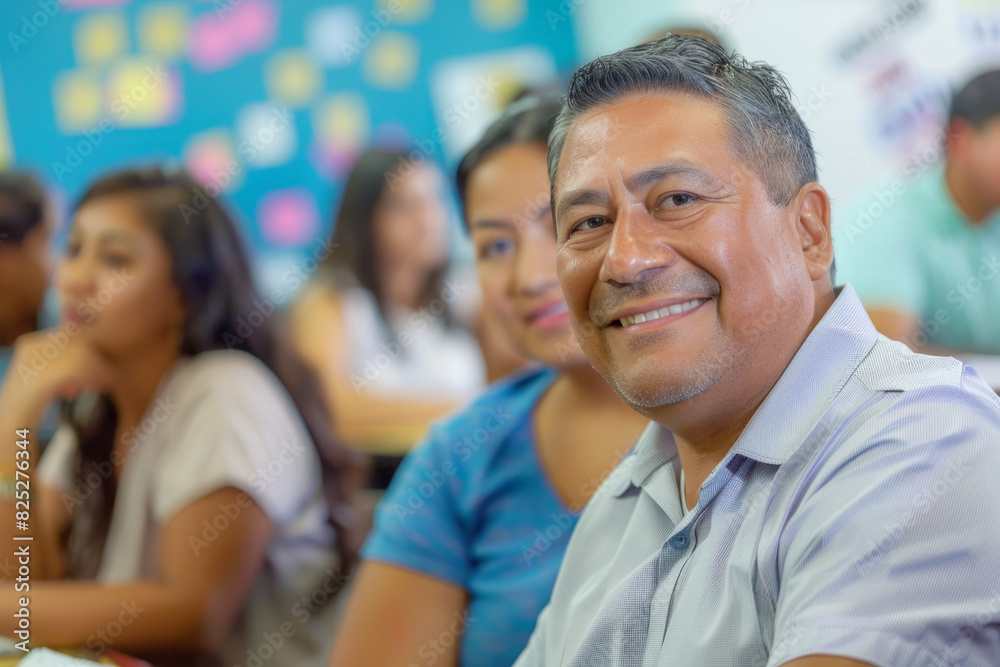 a Latino male teacher sitting in a school class, fostering a positive and supportive learning environment. a Latino male teacher sitting in a school class, fostering a positive and supportive learning environment.