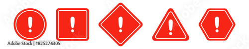 Set of round, square, rhombic, triangular and hexagonal red road signs with exclamation point. Caution sign. Vector icons for warning about the situation on the road. White isolated background