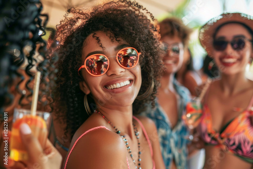 a lively gathering of friends, all beaming with joy as they showcase their trendy summer fashion and trendy sunglasses.