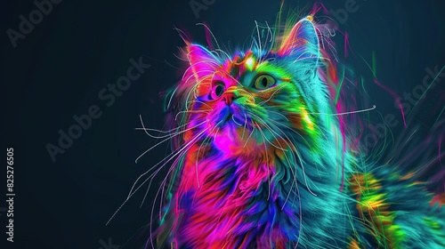 Persian cat in abstract style, highlight graphic, ultra bright neon art, commercial, advertising, editorial, surreal. Isolated on dark background. © Varunee