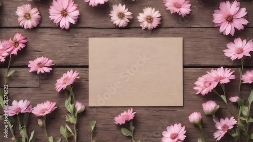 wooden background with flowers with paper note empty space for greeting message. Love and greeting concept design. AI generated image, ai