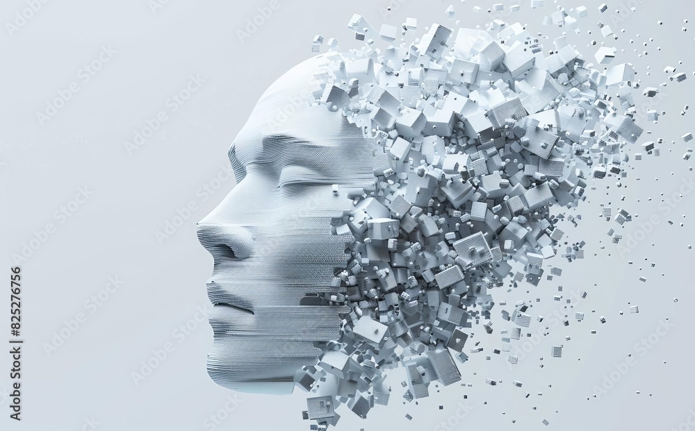 Disintegrating Face: Abstract 3D Art with Crumbling Effect Disintegrating Face: Abstract 3D Art with Crumbling Effect