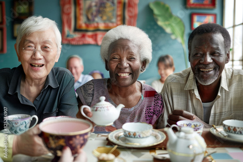 a multicultural group of seniors having a tea party