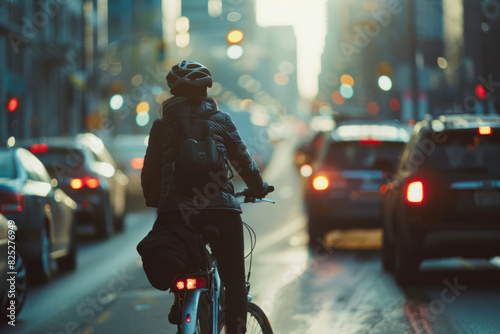 a person commuting on a bicycle through a busy city street, promoting eco-friendly transportation and urban life.