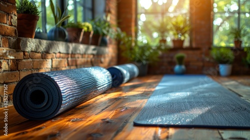 rolled-up yoga mats at a tranquil studio, symbolizing the essence of relaxation and balance in a wellness setting photo
