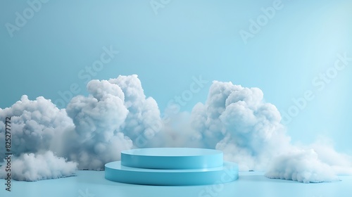 podium platform with blue clouds in abstract stage for product placement and display