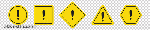 Set of round, square, rhombic, triangular and hexagonal yellow road signs with exclamation point. Caution sign. Vector icons for warning about the situation on the road. White isolated background