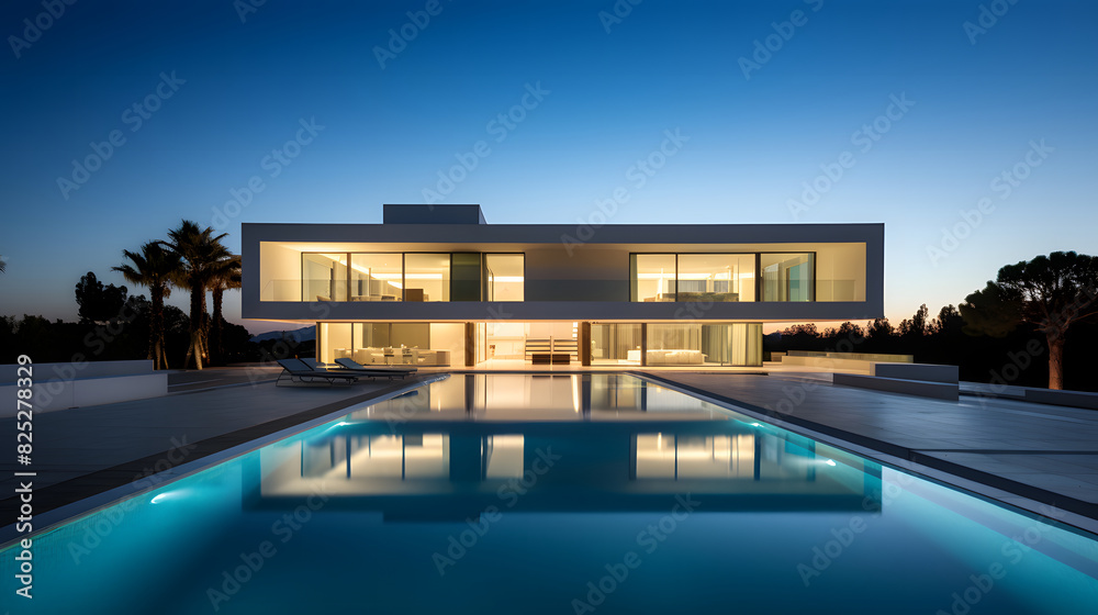Elegant Modern Home with Swimming Pool at Sunset Elegant Modern Home with Swimming Pool at Sunset