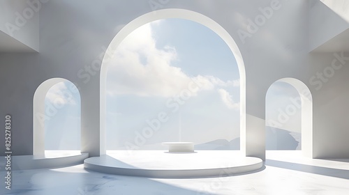 Product setting podium white abstract minimalistic geometry with arches minimal light interior object placement abstract room and sky windows
