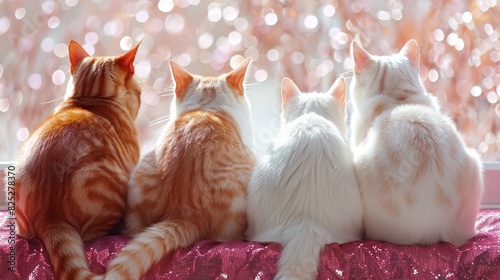  A trio of cats seated together on a window sill, in front of a pink and white curtained window adorned with twinkling lights photo
