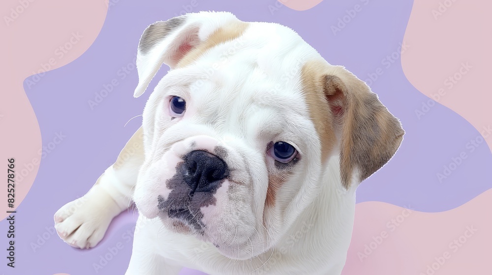  A tight shot of a dog's face against a purple and pink backdrop The dog, with a white and brown head, gazes directly into the camera, surrounded by a pink and