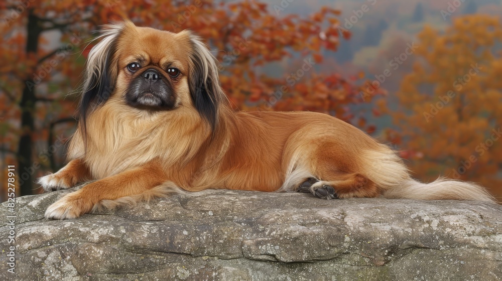  A brown-and-black dog lies on a rock in front of an orange- and yellow-leafed tree Behind the dog, another brown dog rests on a separate rock