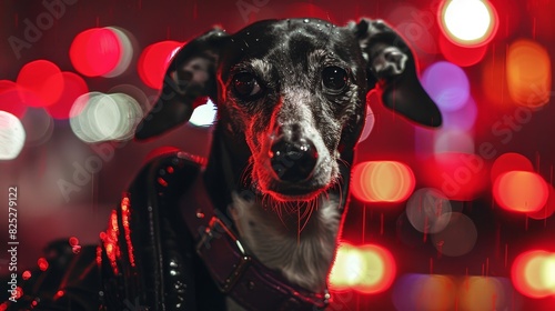  A black-and-white dog stands before a red-and-white booth of lights Another black-and-white dog dons a red collar and black leather jacket nearby