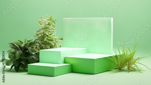 gray square podium on leight gray background with various plant . Generative Ai photo