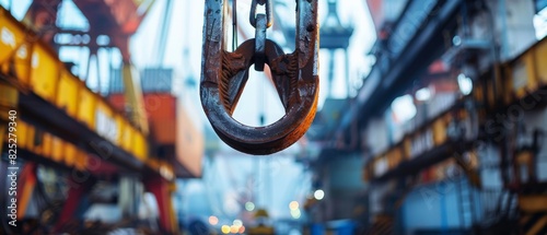 Close-up of a rusty hook and chain in a factory. photo