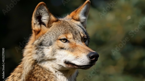  A tight shot of a wolf s face  backed by a forest in a gently blurred background